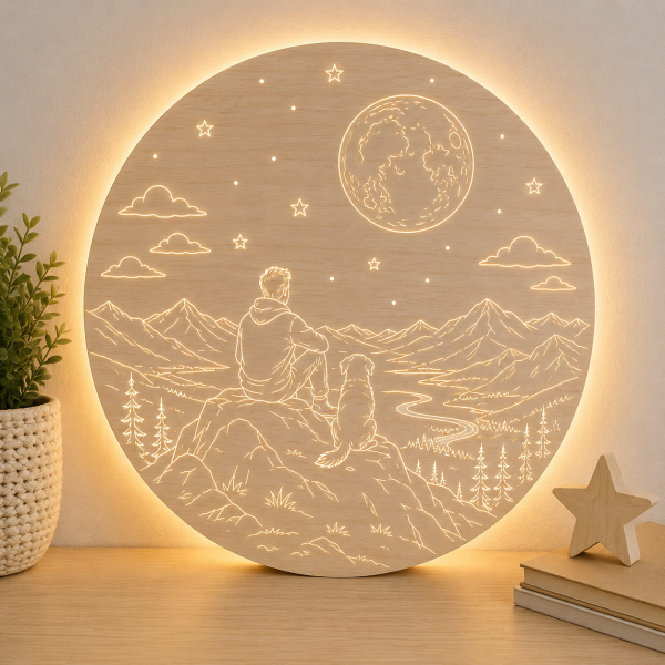 Dřevěná LED lampa - Muž se psem v horách pod měsícem