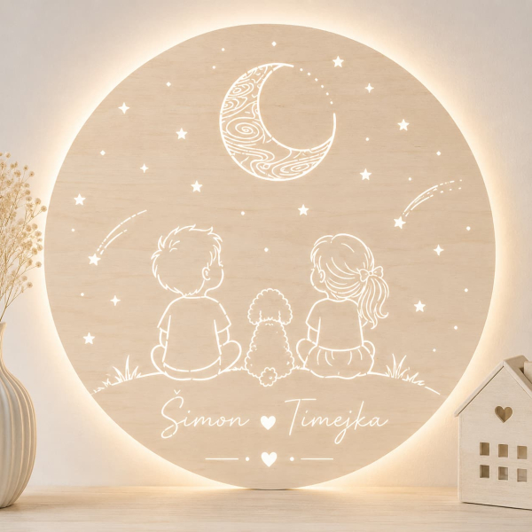 Dětská lampa na zeď se jmény – Sourozenci pod hvězdnou oblohou